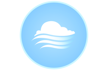 rundes Symbolbild: weiße Wolke und Wind vor hellblauen Hintergrund