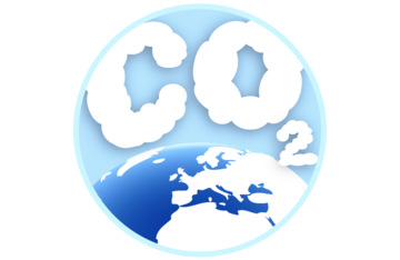 der Schriftzug CO2 als Wolken schwebt über einem Ausschnitt einer Weltkugel