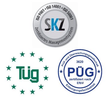 Eine Collage mit drei Siegeln: oben das SKZ-Logo, unten links das TÜG-Siegel, unten rechts das PÜG-Siegel